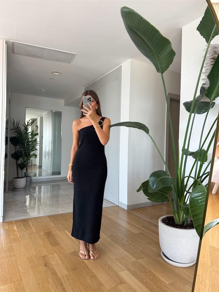 Omzu Gold Tokalı Elbise - Siyah