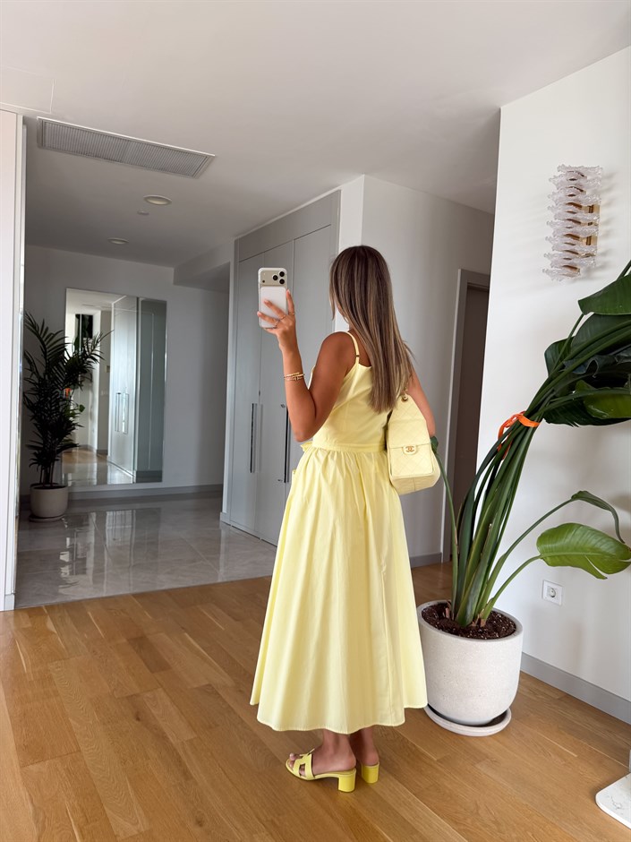 Önden Bağlamalı Cepli Poplin Elbise - Sarı