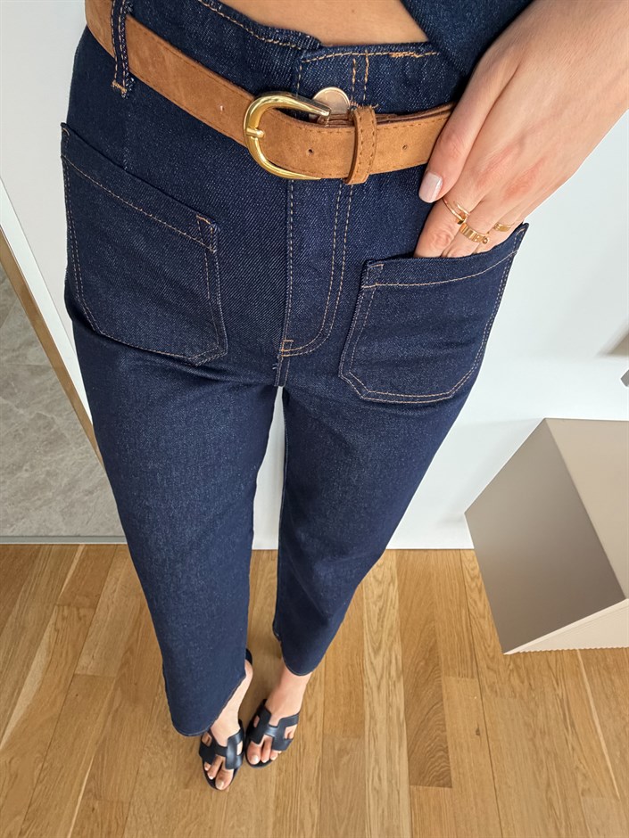 Önden Cepli Kemerli Midi Boy Jean - Lacivert