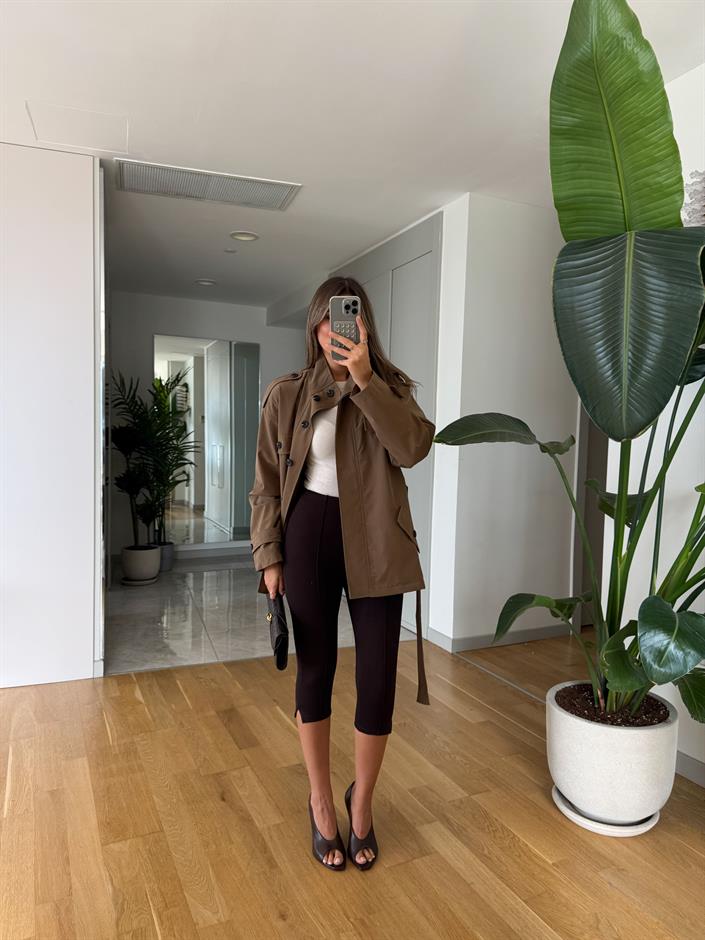 Önden Dikişli Kapri Tayt -Kahve