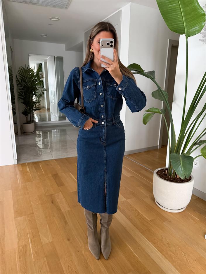 Önden Yırtmaçlı Denim Elbise 