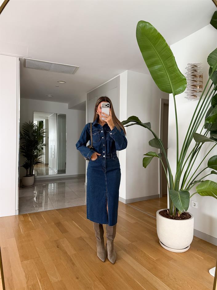 Önden Yırtmaçlı Denim Elbise 