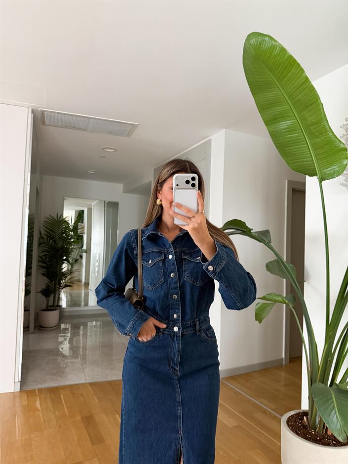 Önden Yırtmaçlı Denim Elbise 