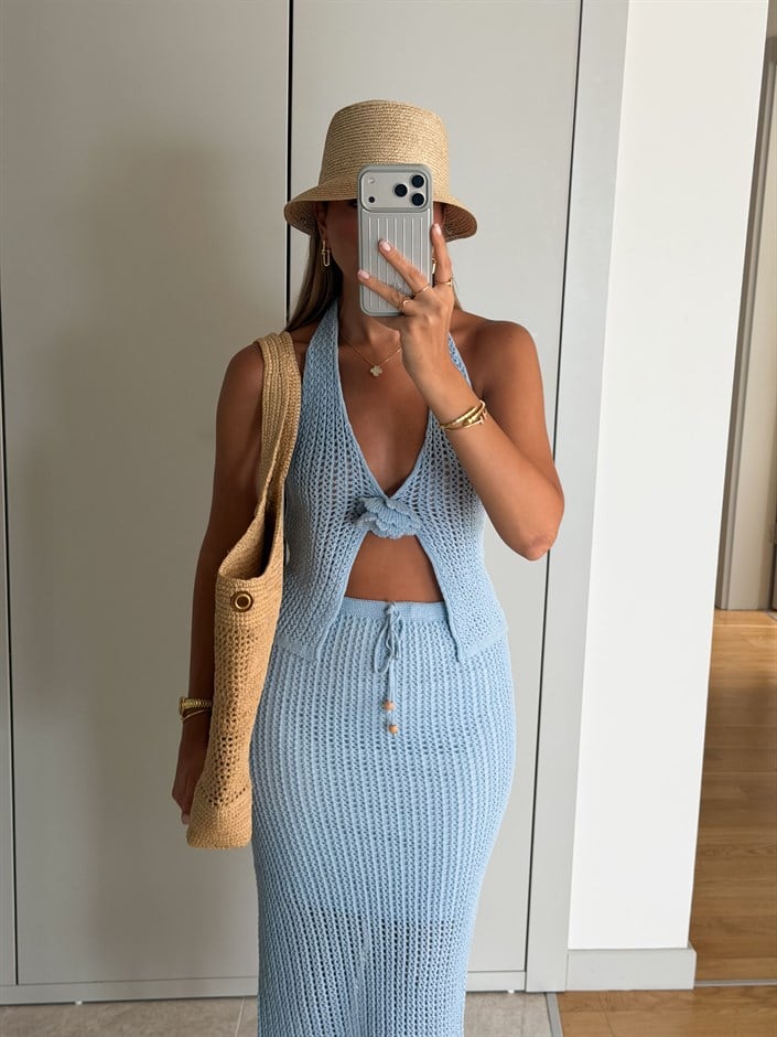 Önü Çiçek Motifli Beachwear - Mavi 