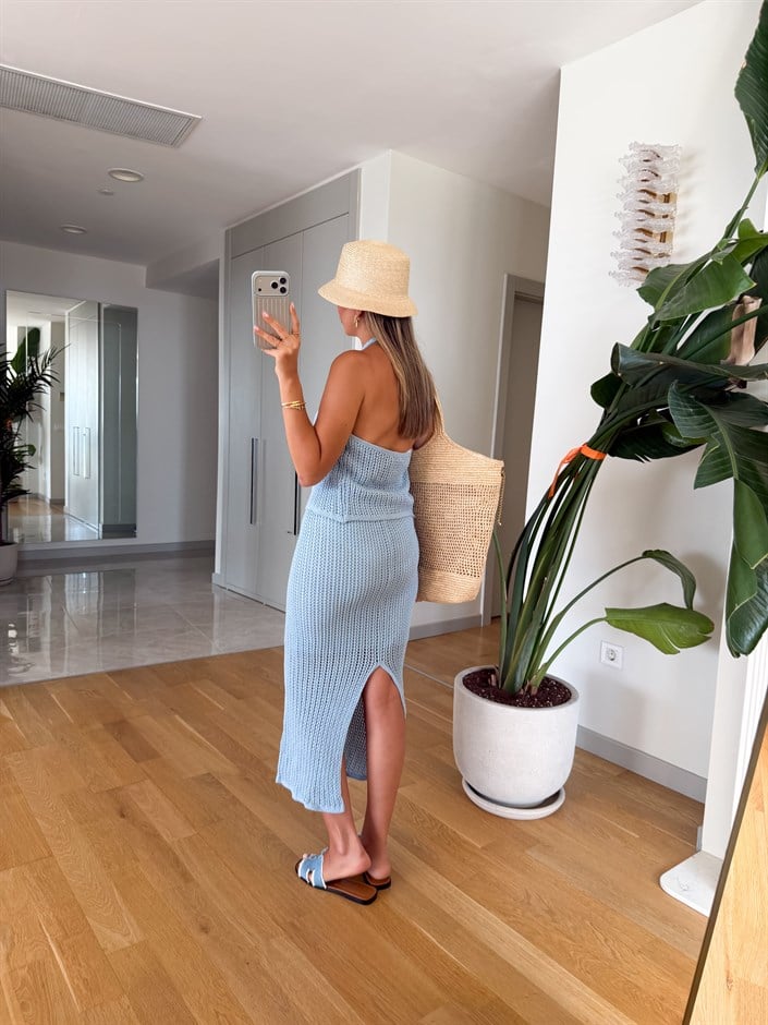 Önü Çiçek Motifli Beachwear - Mavi 