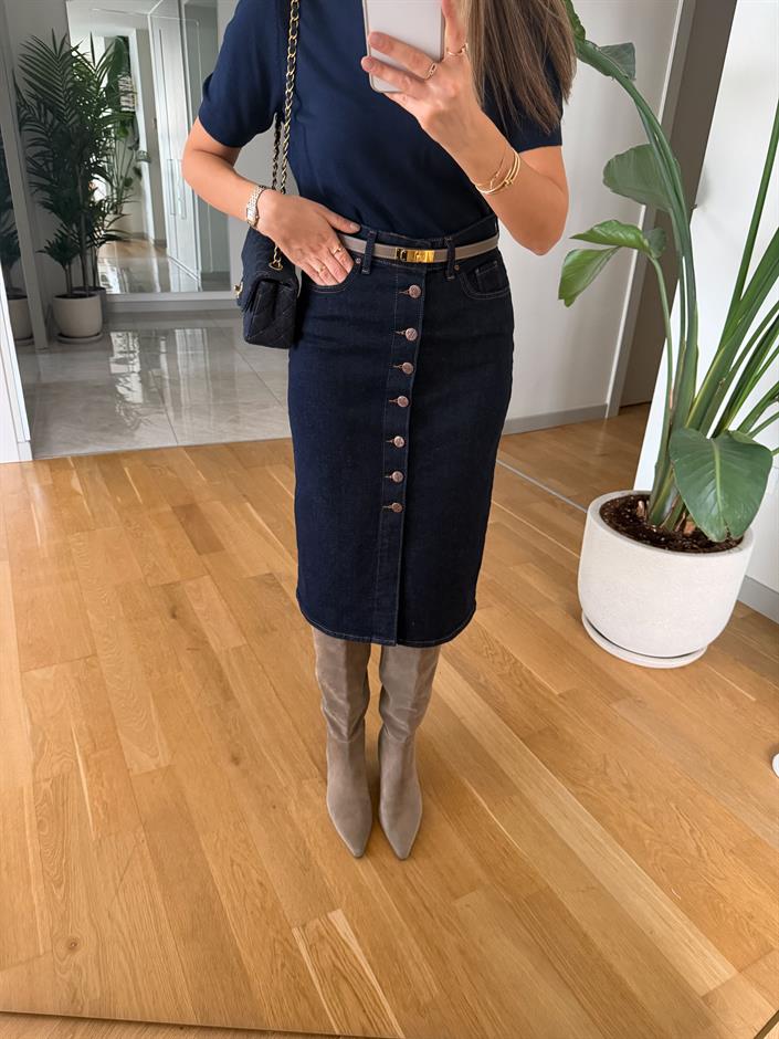 Önü Düğmeli Midi Denim Etek 