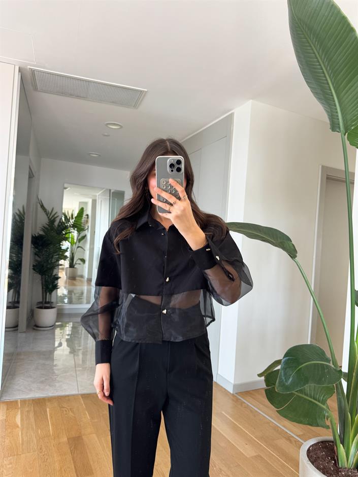 Organze Tül Detaylı Gömlek- Siyah