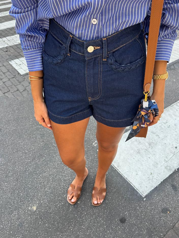 Örgü Cep Detaylı Denim Şort - Lacivert