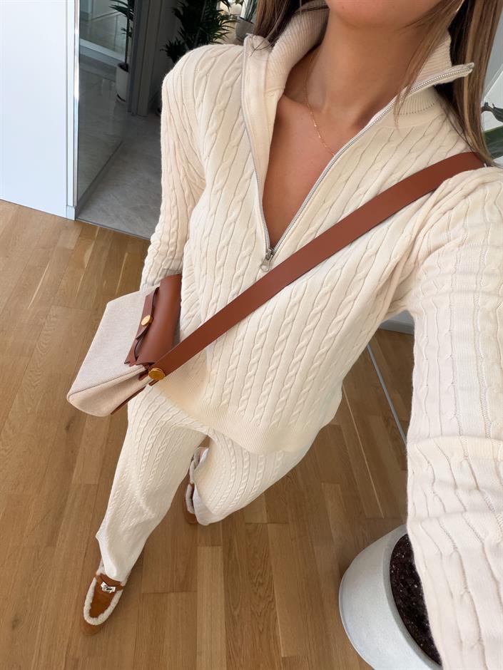 Örgü Detaylı Triko Takım - Ekru 