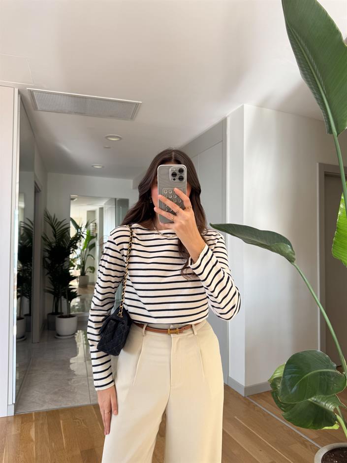 Other Çizgili Pamuklu Bluz-Ekru Lacivert