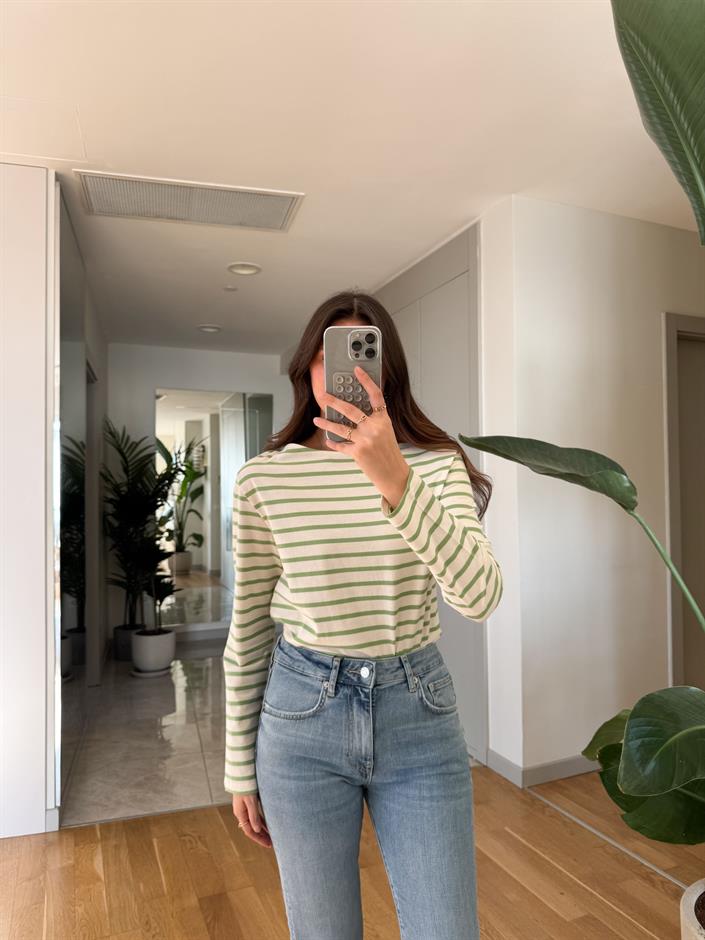 Other Çizgili Pamuklu Bluz-Ekru Yeşil