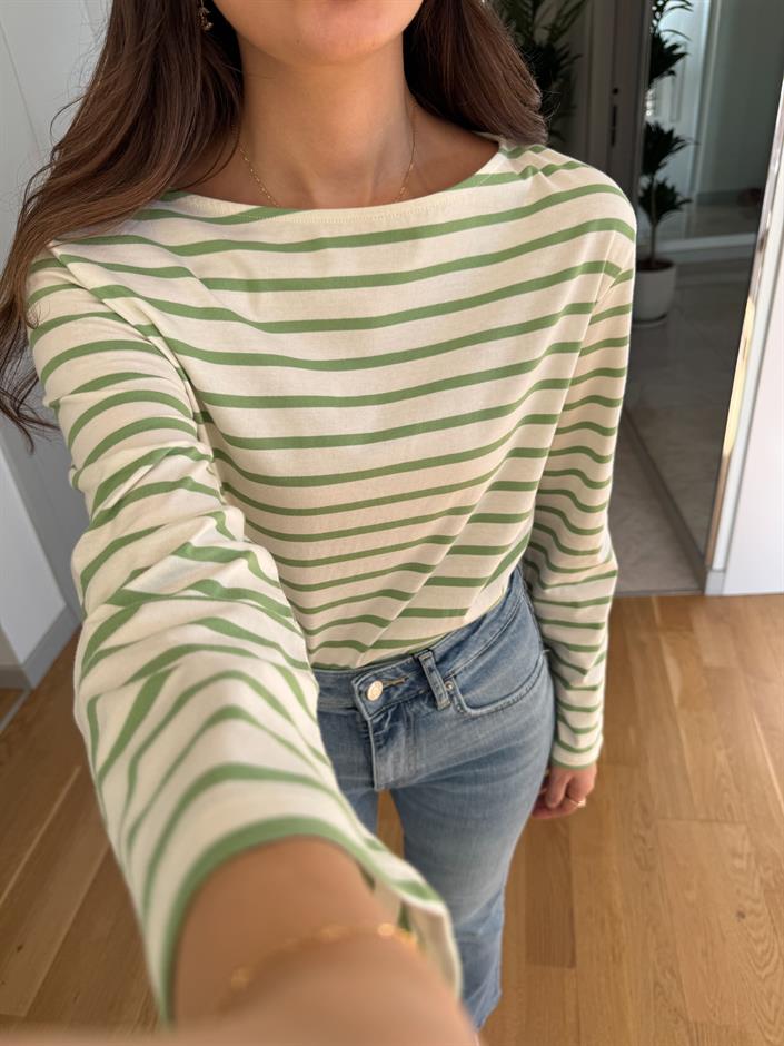 Other Çizgili Pamuklu Bluz-Ekru Yeşil