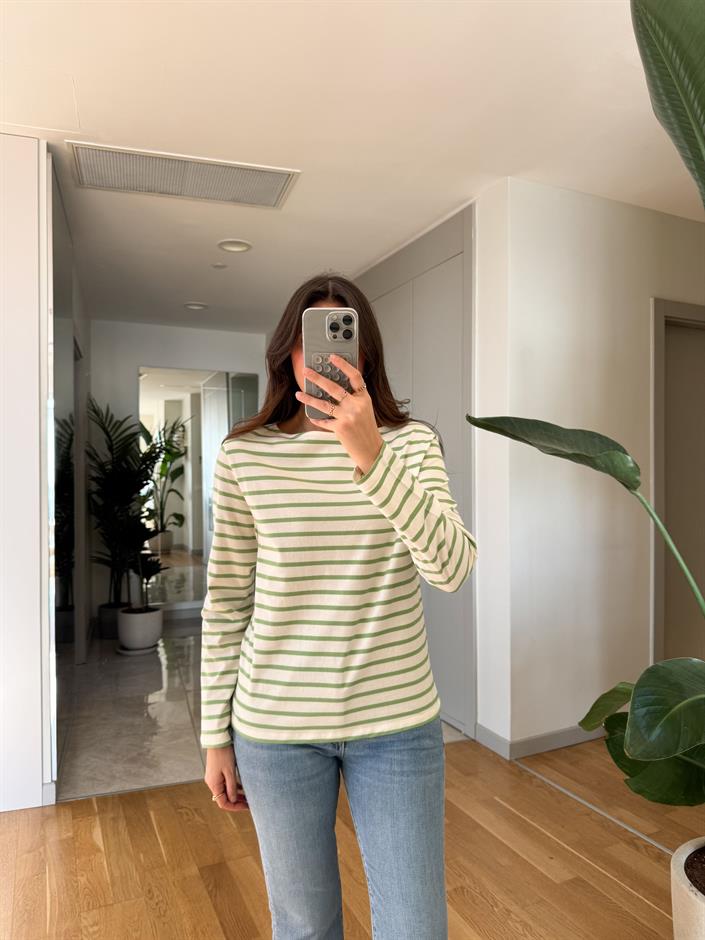 Other Çizgili Pamuklu Bluz-Ekru Yeşil