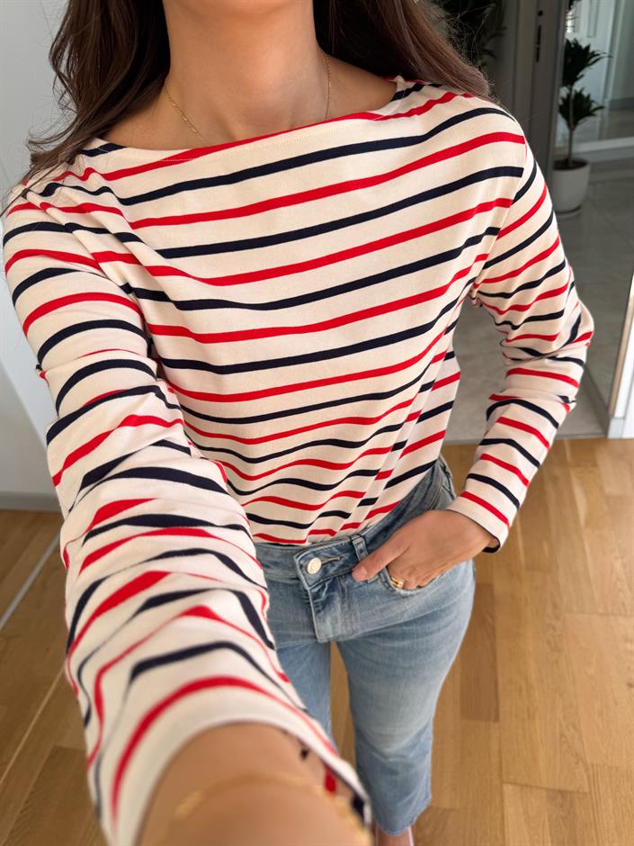 Other Çizgili Pamuklu Bluz-Kırmızı Lacivert