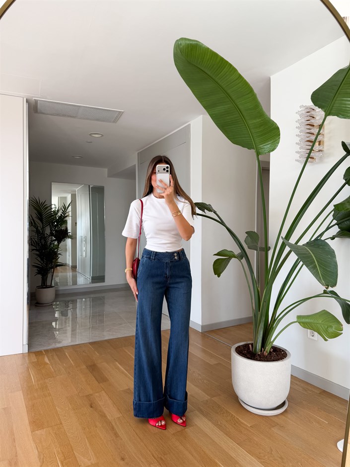 Paçası Katlı Tensel Denim Pantolon - Orta Mavi