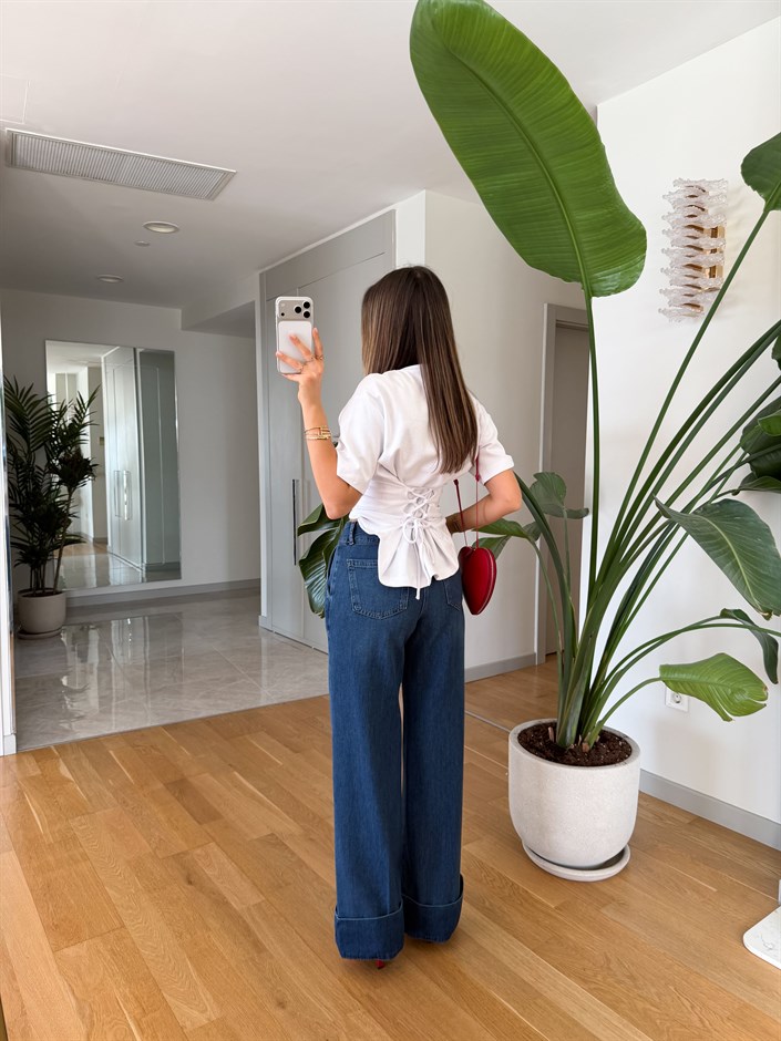 Paçası Katlı Tensel Denim Pantolon - Orta Mavi