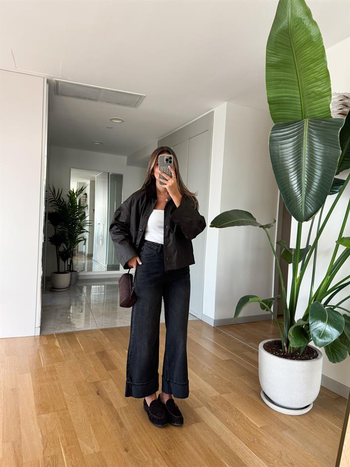 Paçası Katlı Yüksek Bel Jean - Füme