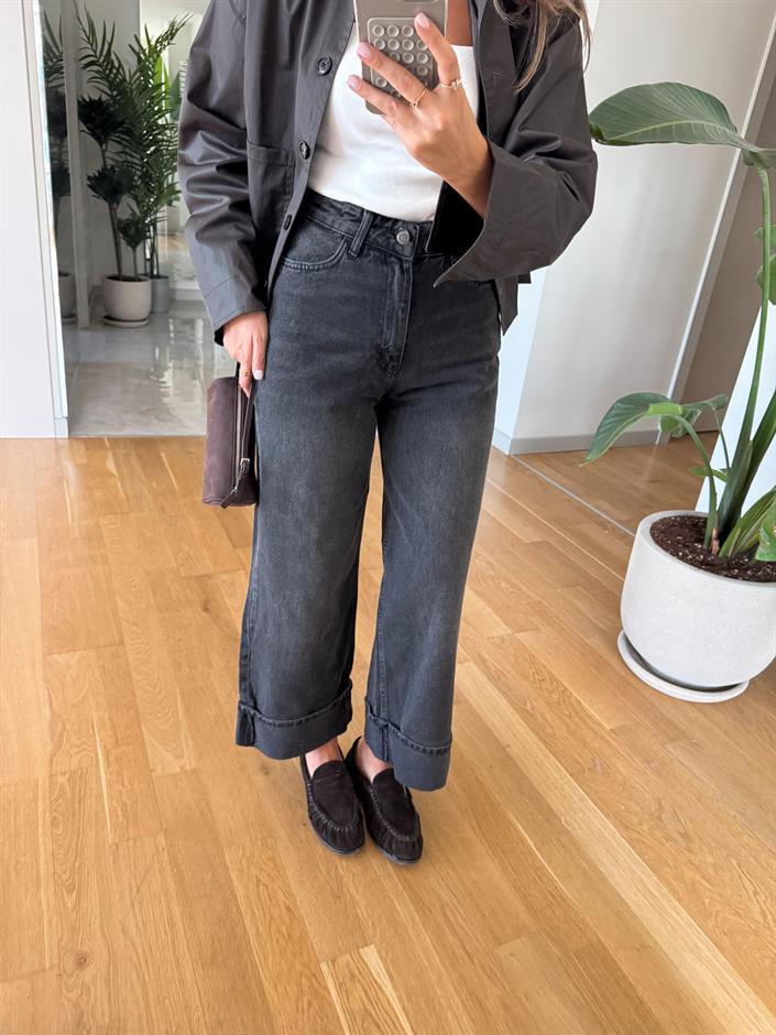 Paçası Katlı Yüksek Bel Jean - Füme