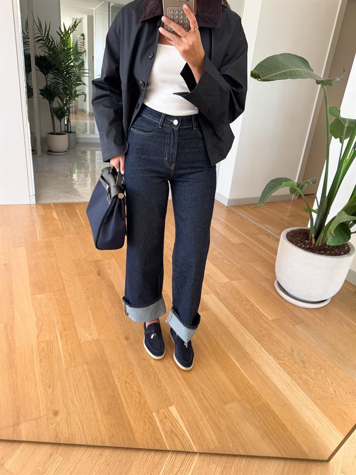 Paçası Katlı Yüksek Bel Jean - Lacivert