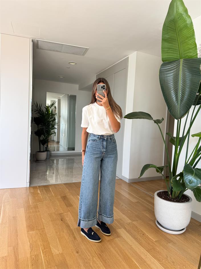 Paçası Katlı Yüksek Bel Jean - Orta Mavi