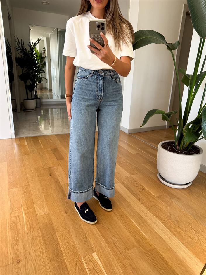 Paçası Katlı Yüksek Bel Jean - Orta Mavi