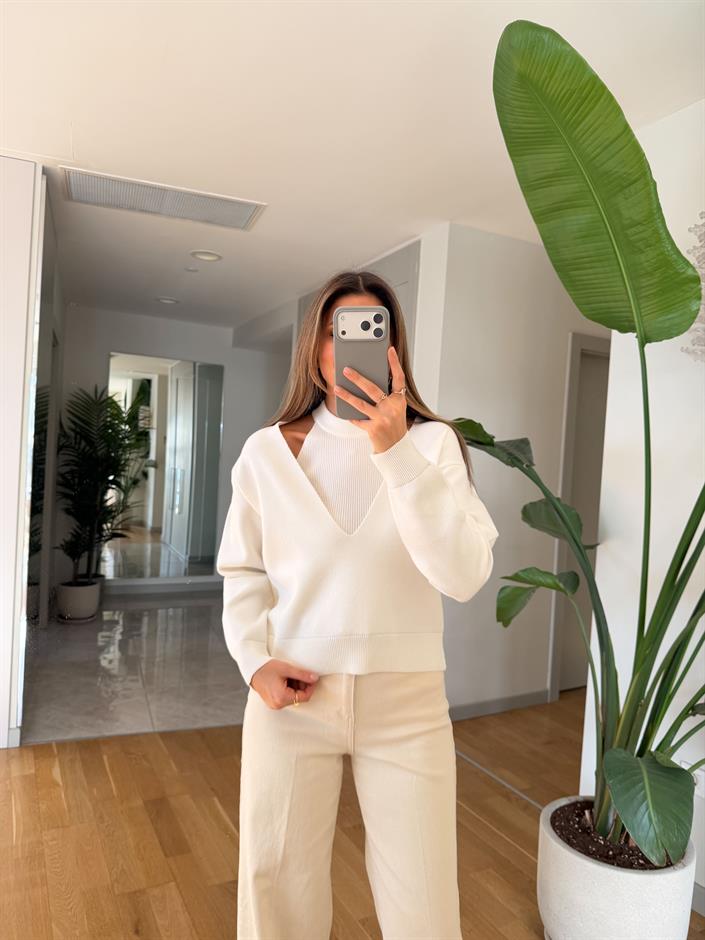 Page İkili V Yaka Triko - Ekru