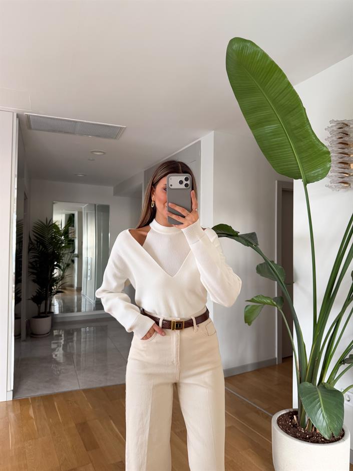 Page İkili V Yaka Triko - Ekru