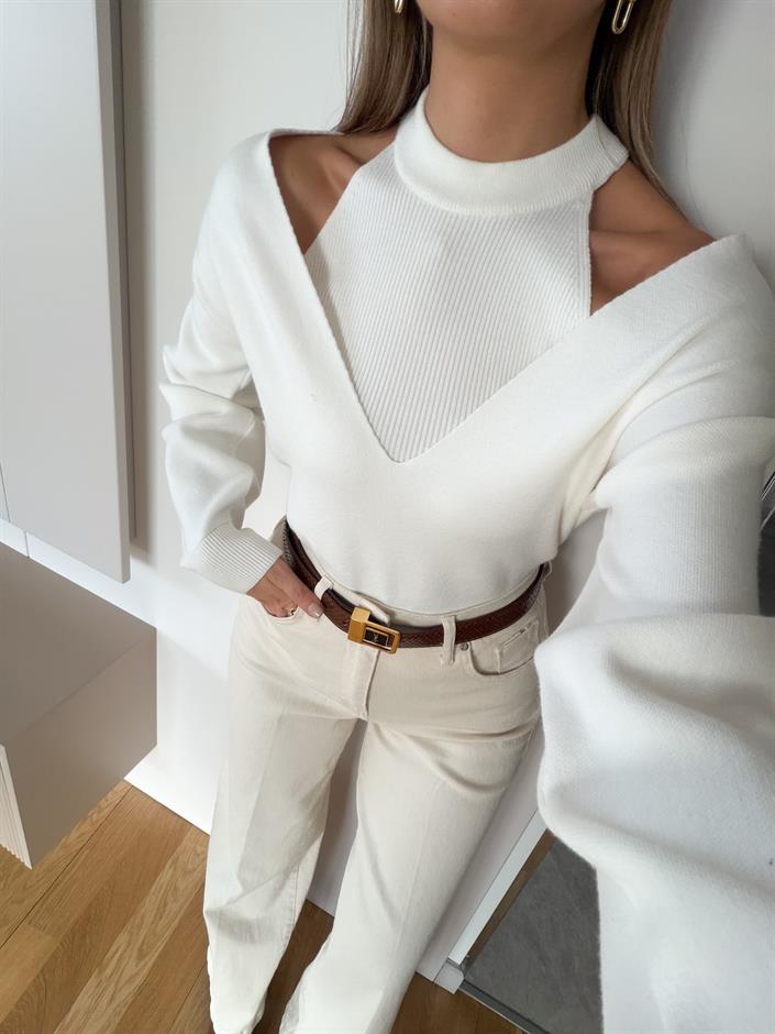 Page İkili V Yaka Triko - Ekru