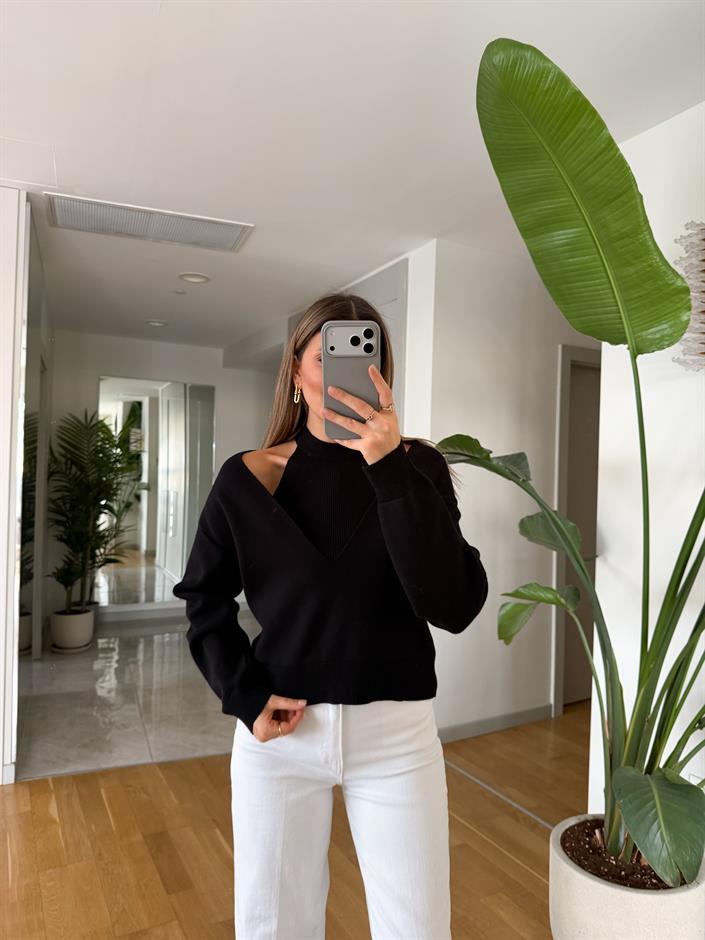 Page İkili V Yaka Triko - Siyah 