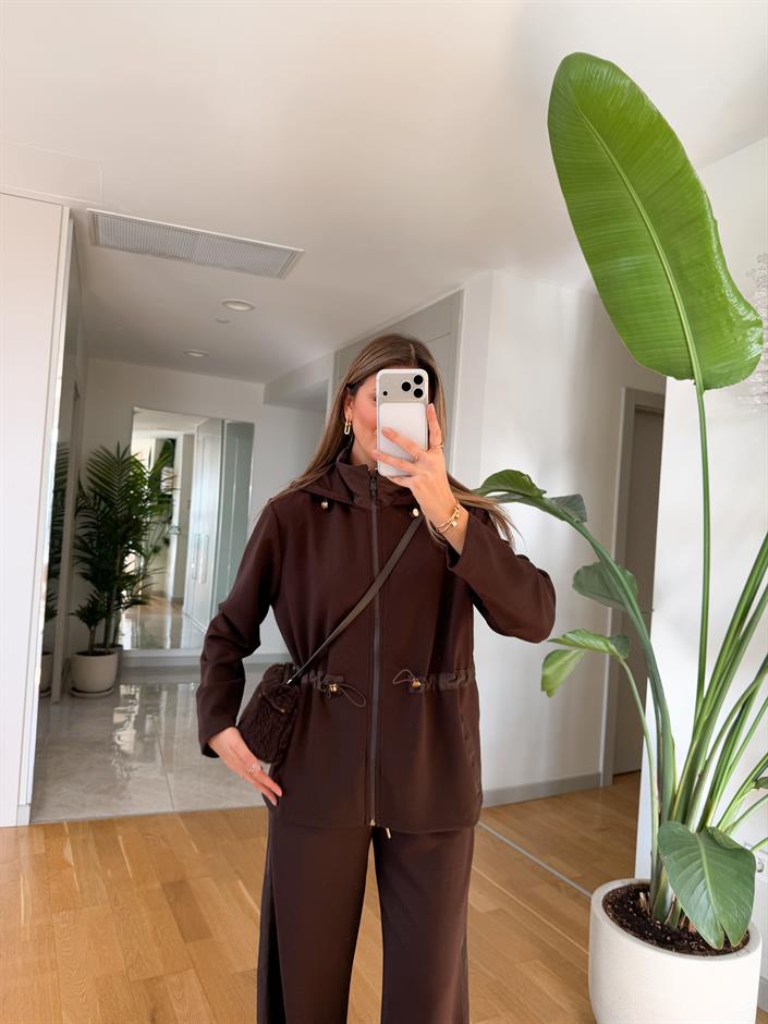 Paraşüt Kumaş Detaylı Modal Takım - Kahve