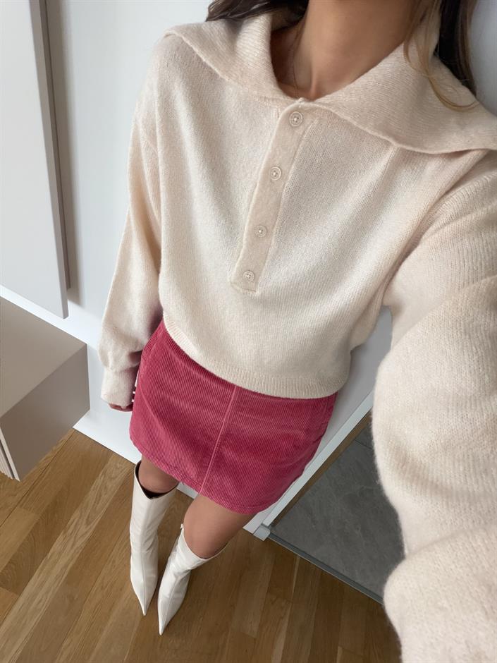 Patlı Düğmeli Kazak - Bej 