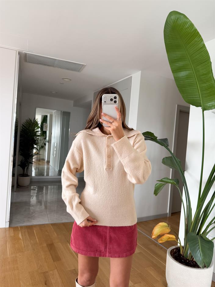 Patlı Düğmeli Kazak - Bej 