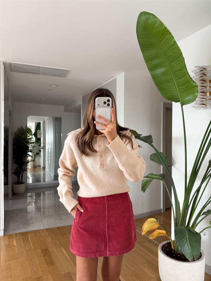 Patlı Düğmeli Kazak - Bej 