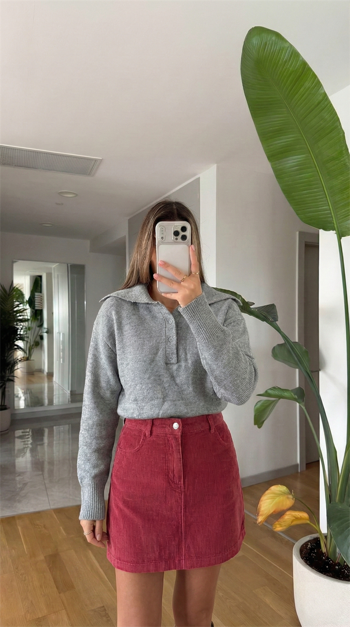 Patlı Düğmeli Kazak - Gri