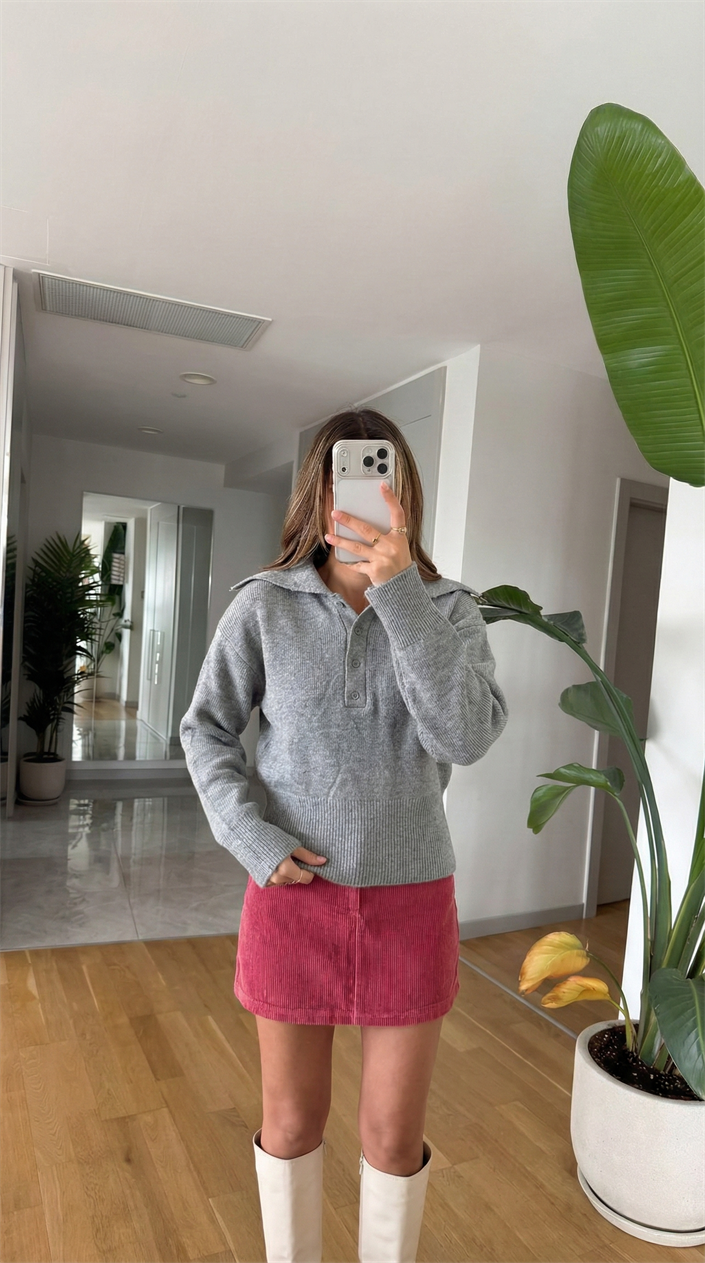 Patlı Düğmeli Kazak - Gri