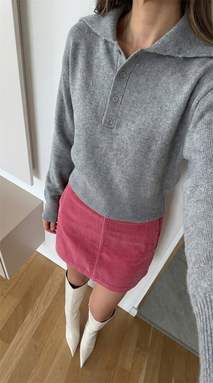 Patlı Düğmeli Kazak - Gri