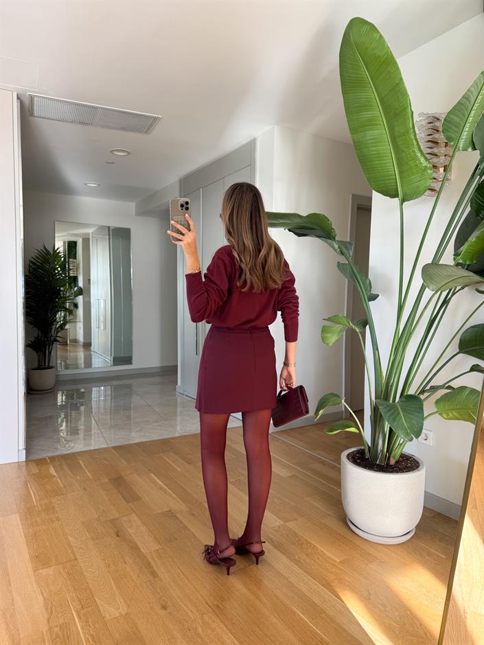 Payet Detaylı Mini Etek - Bordo 