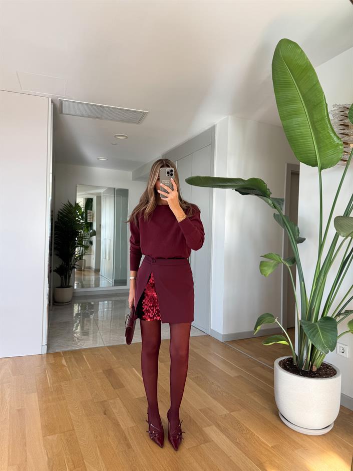 Payet Detaylı Mini Etek - Bordo 