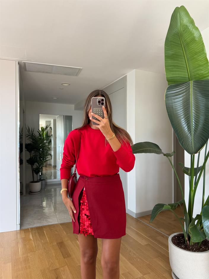 Payet Detaylı Mini Etek - Vişne Çürüğü