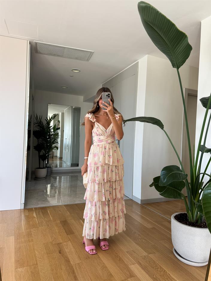 Pembe Çiçekli Sırtı Bağlamalı Kat Kat Elbise