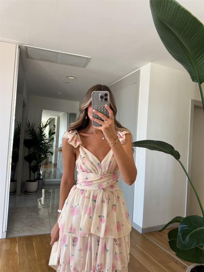 Pembe Çiçekli Sırtı Bağlamalı Kat Kat Elbise
