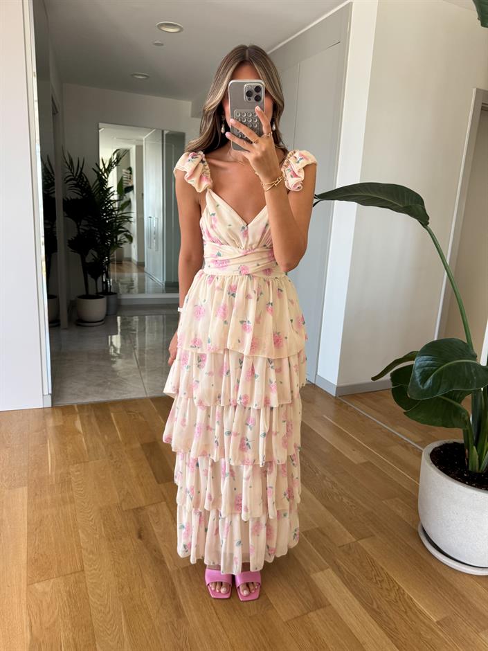 Pembe Çiçekli Sırtı Bağlamalı Kat Kat Elbise