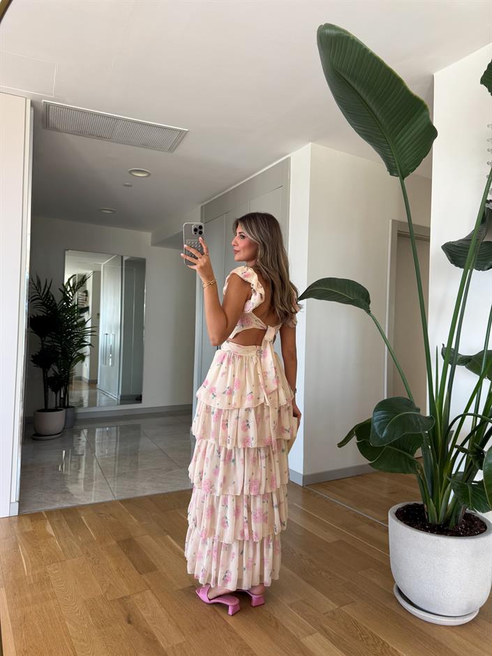 Pembe Çiçekli Sırtı Bağlamalı Kat Kat Elbise