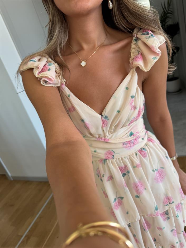 Pembe Çiçekli Sırtı Bağlamalı Kat Kat Elbise