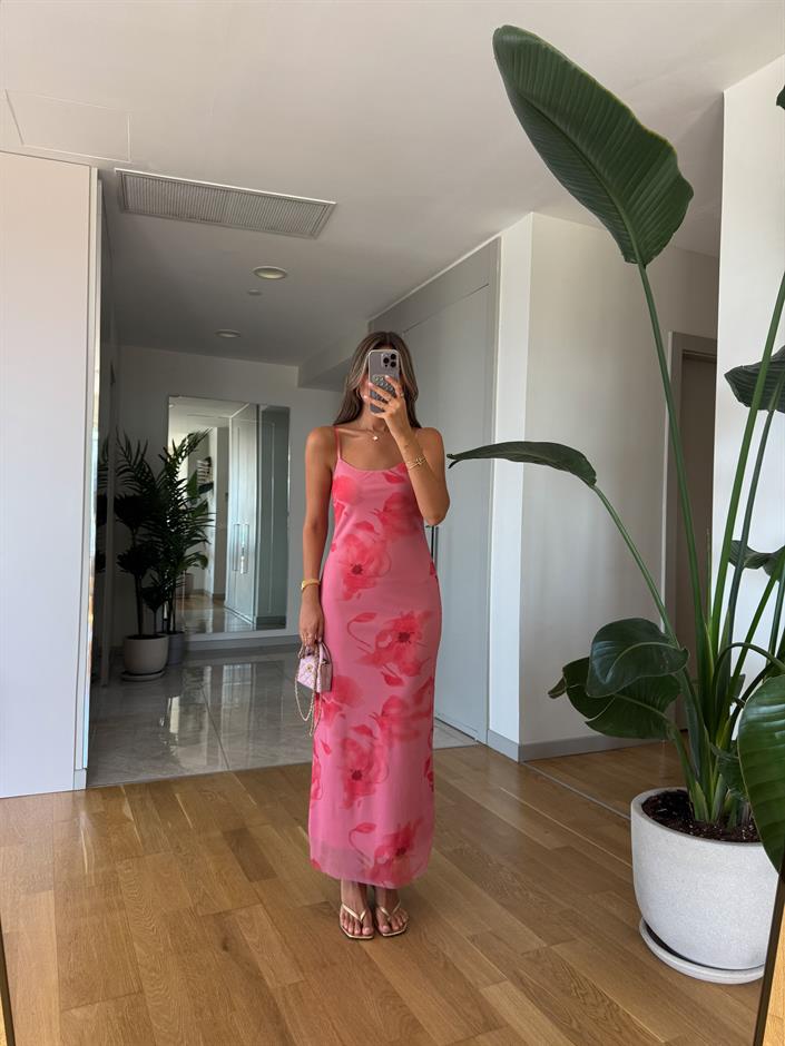 Pembe Çiçekli Tül Elbise