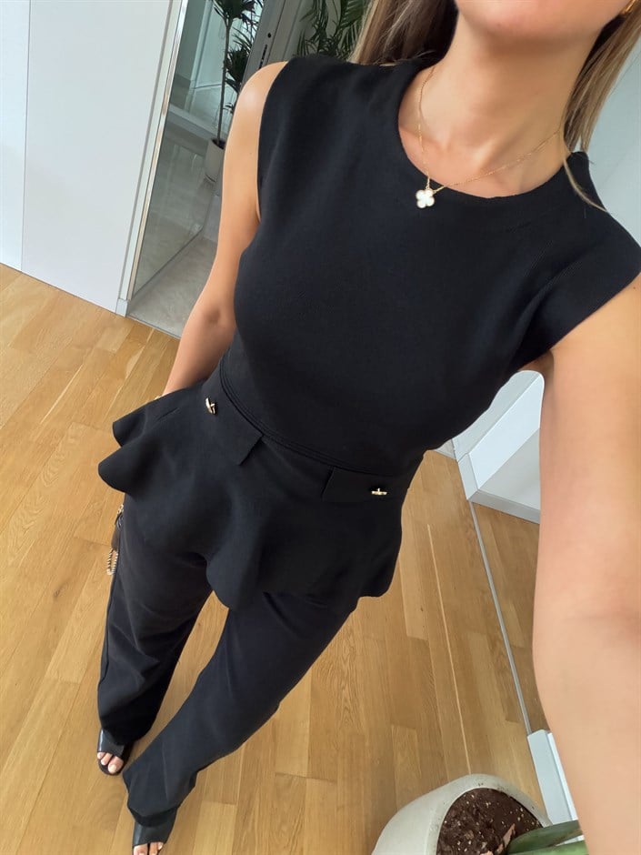 Peplum Gold Düğmeli Triko - Siyah