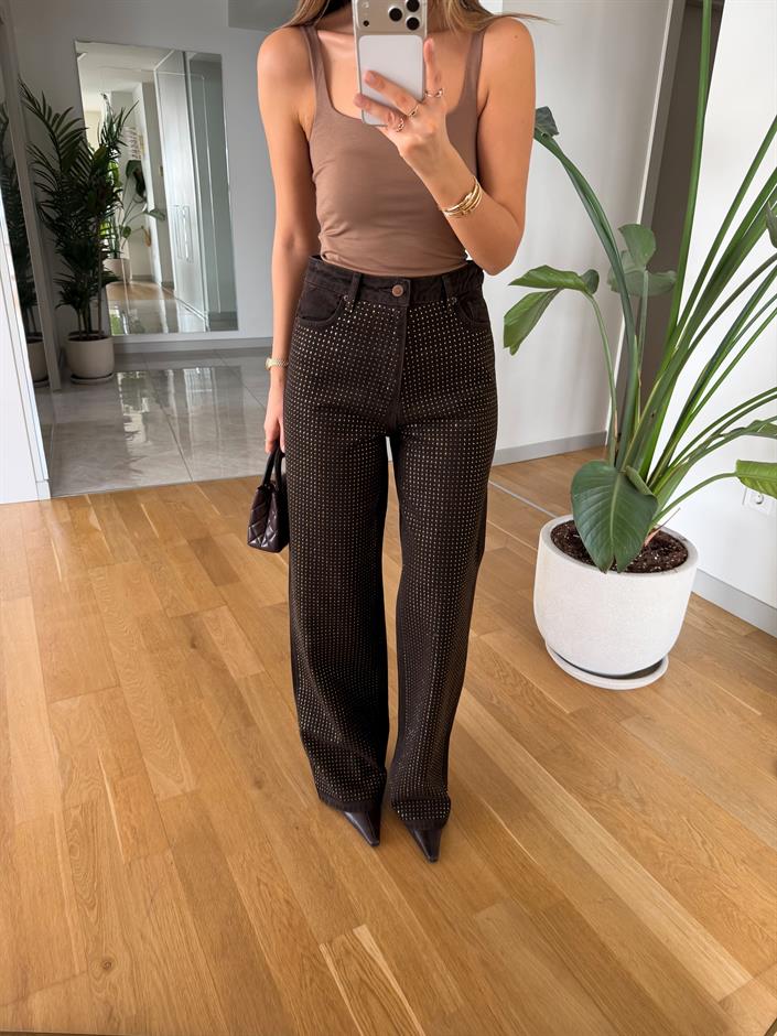 Pierce Taşlı Wide Leg Jean - Kahve