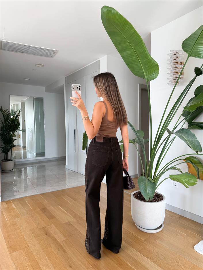 Pierce Taşlı Wide Leg Jean - Kahve