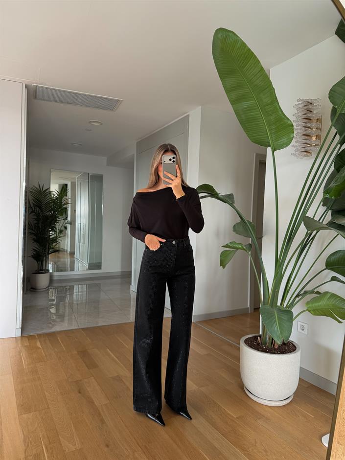 Pierce Taşlı Wide Leg Jean - Siyah
