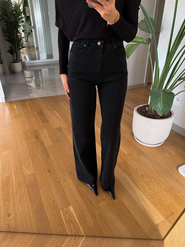 Pierce Taşlı Wide Leg Jean - Siyah